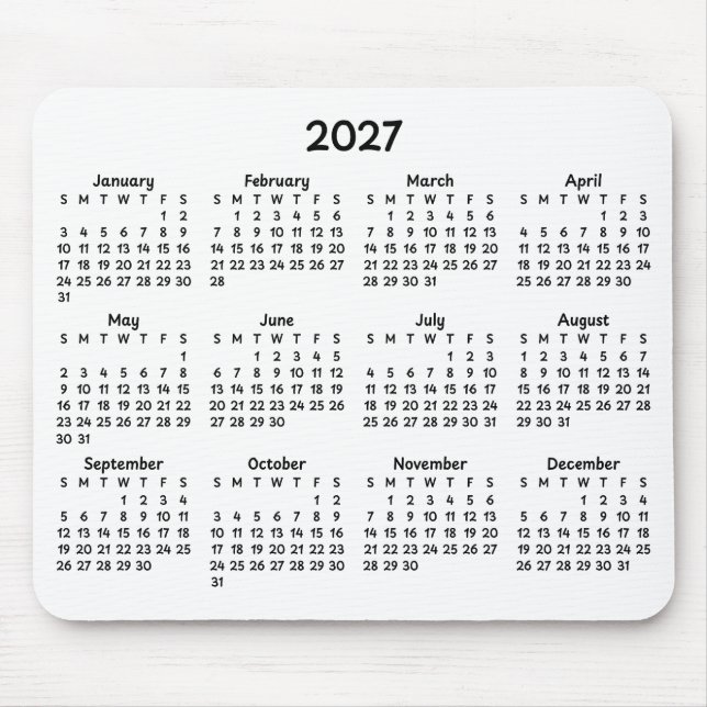 Whimsical Svart 2027 Kalender på Vit Musmatta (Framsidan)
