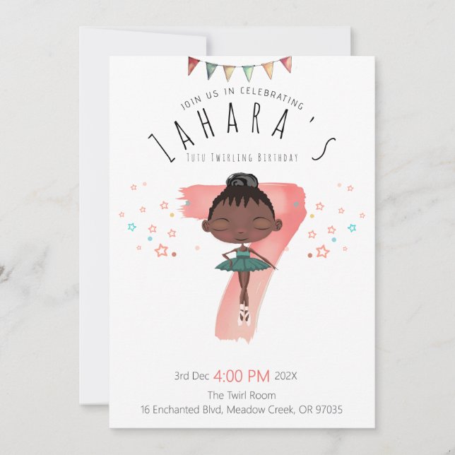 Whimsical Svart Ballerina 7-årsdag Inbjudningar (Framsida)