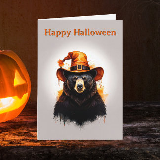Whimsical svart björn orange häxa hatt Halloween Kort