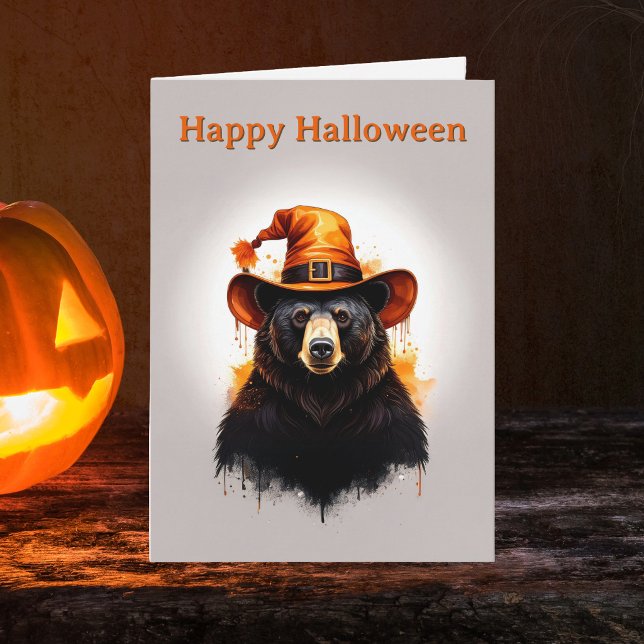 Whimsical svart björn orange häxa hatt Halloween Kort (Happy Halloween Black Bear Witches Hat design greeting card. Spooky Season Fall greetings cards)