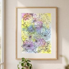 Whimsical Svart Blommig Linje Konst Pastell Waterc Poster