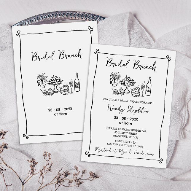 Whimsical Svart Bröllopsbrunch Bröllopsfest Inbjudningar (Whimsical Black Hand Drawn Bridal brunch Bridal Shower Invitation, Quirky Trendy Bridal Shower )
