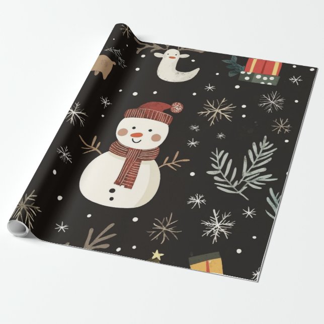 Whimsical svart handritad snöman presentpapper (Utrullad)