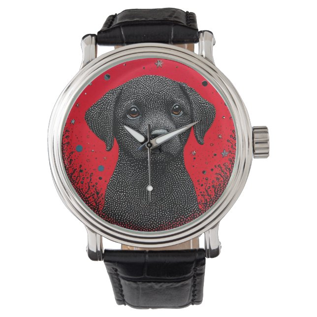 Whimsical Svart Hund Armbandsur (Framsida)
