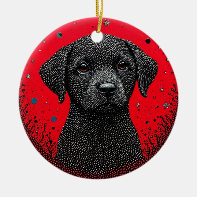 Whimsical Svart Hund Julgransprydnad Keramik (Framsidan)