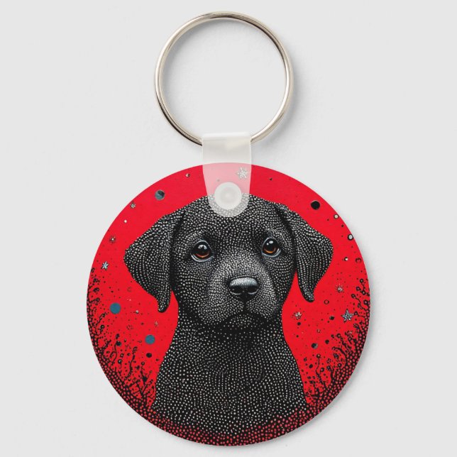 Whimsical Svart Hund Nyckelring (Framsida)