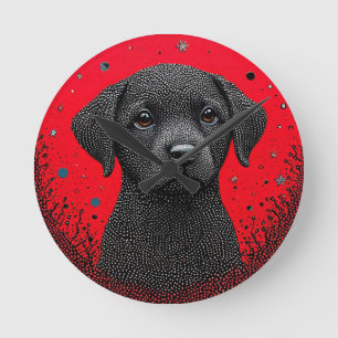 Whimsical Svart Hund Rund Klocka