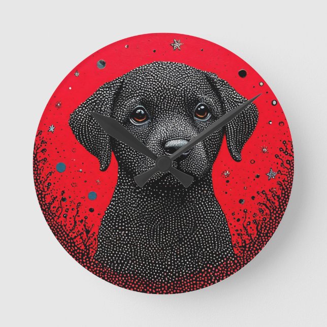 Whimsical Svart Hund Rund Klocka (Framsida)