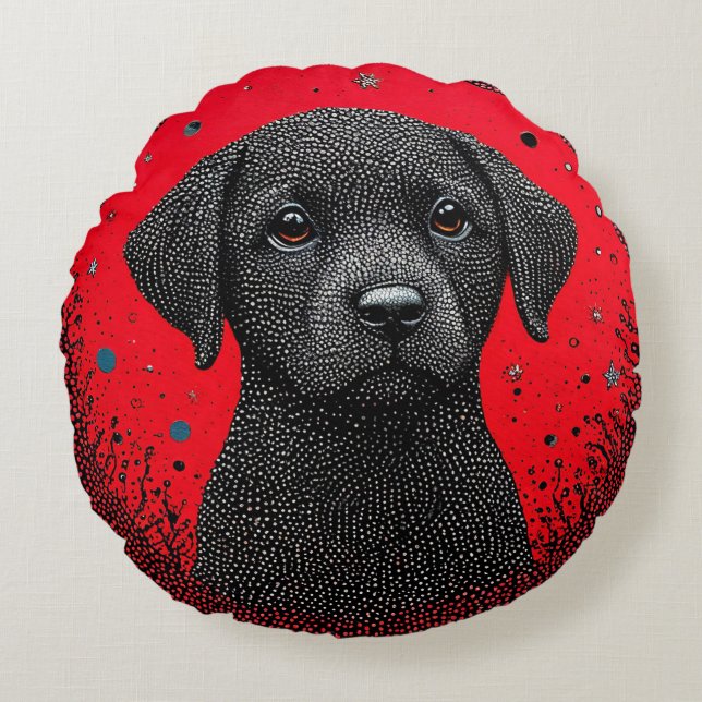 Whimsical Svart Hund Rund Kudde (Framsidan)