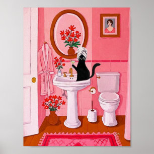 Whimsical Svart Katt Badrums Konsthantverk – Rosa Poster