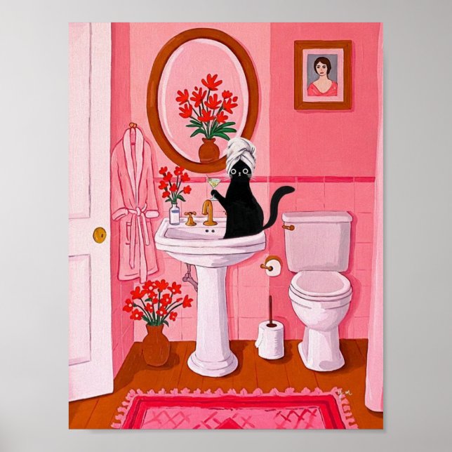 Whimsical Svart Katt Badrums Konsthantverk – Rosa  Poster (Framsidan)