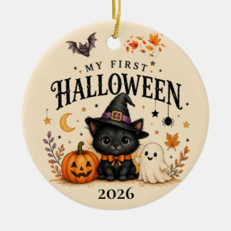 Whimsical svart katt bebis första Halloween-minne Julgransprydnad Keramik