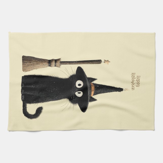 Whimsical Svart Katt God Halloween Kökshandduk (Horisontell)