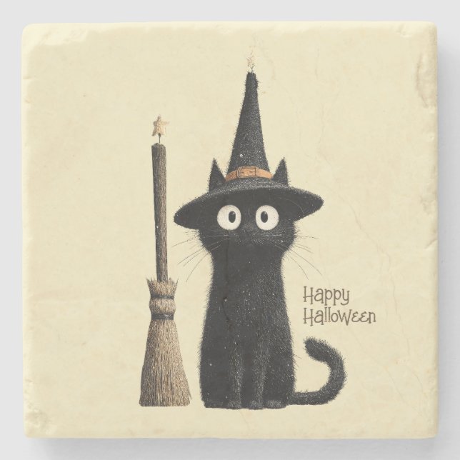 Whimsical Svart Katt God Halloween Stenunderlägg (Framsidan)