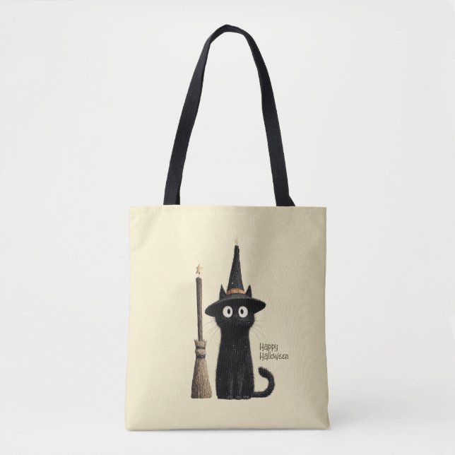 Whimsical svart katt God Halloween Tygkasse (Framsida)