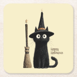 Whimsical svart katt God Halloween Underlägg Papper Kvadrat