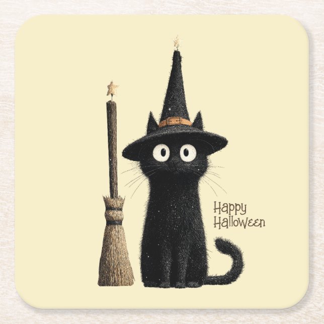Whimsical svart katt God Halloween Underlägg Papper Kvadrat (Framsidan)