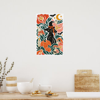 Whimsical svart katt Halloween botanisk folkkonst Poster