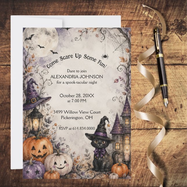 Whimsical svart katt Halloween-fest inbjudan (Skapare uppladdad)