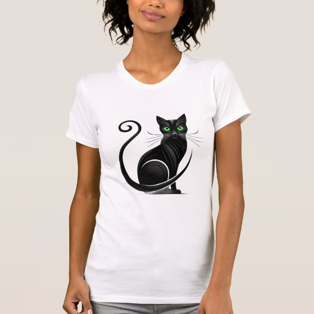 Whimsical Svart Katt Illustration T Shirt (Framsida)