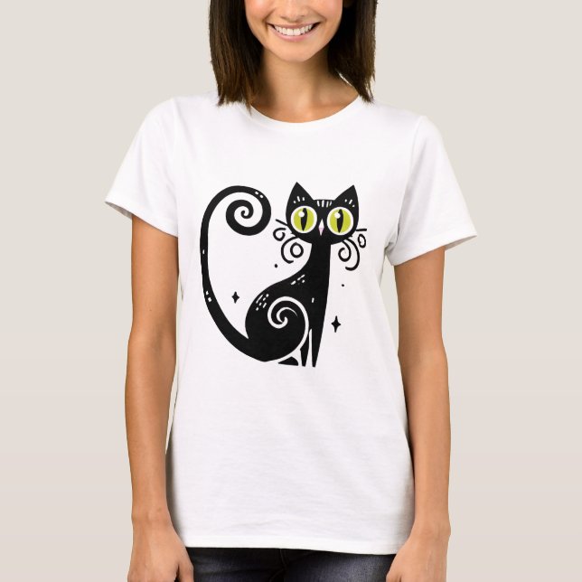Whimsical Svart Katt Illustration T Shirt (Framsida)