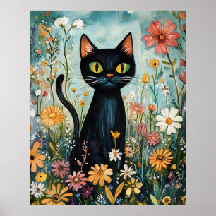 Whimsical Svart Katt med Vilda Blommor Illustratio Poster