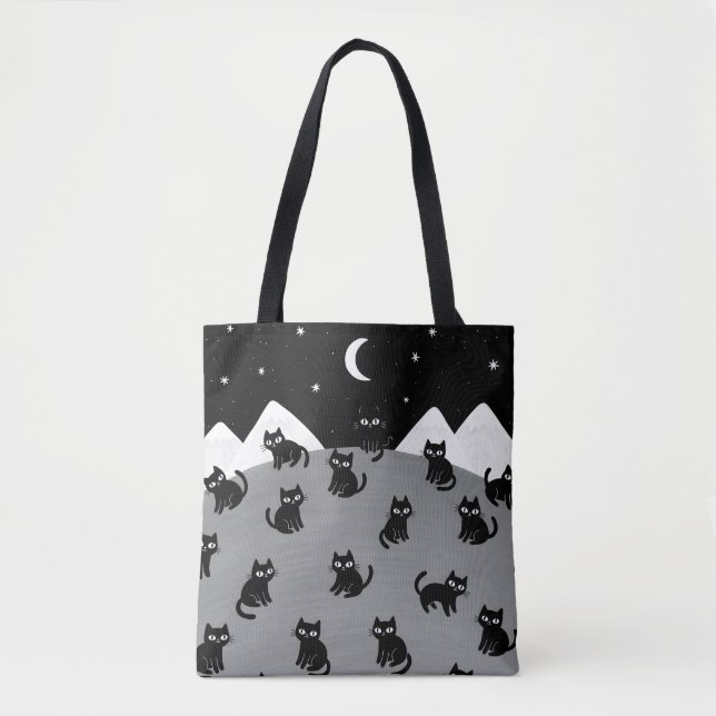 Whimsical svart katt natt-handväska tygkasse (Framsida)