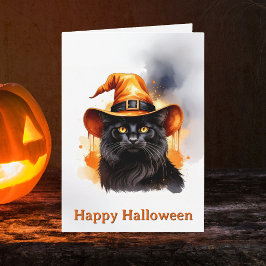Whimsical svart katt orange häxhuv Halloween Kort
