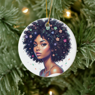 Whimsical svart kvinna med blommor prydd afro julgransprydnad keramik