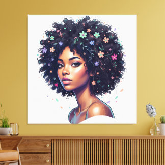 Whimsical svart kvinna med blommor prydd afrohår canvastryck