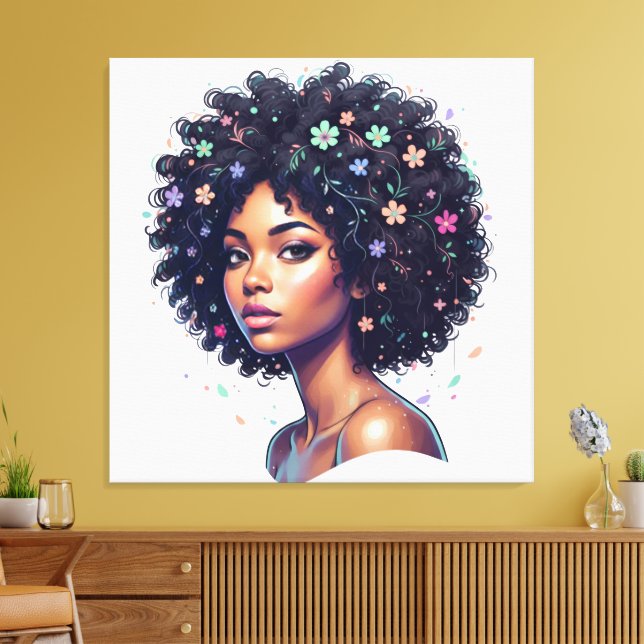 Whimsical svart kvinna med blommor prydd afrohår canvastryck (Insitu (Vardagsrum))