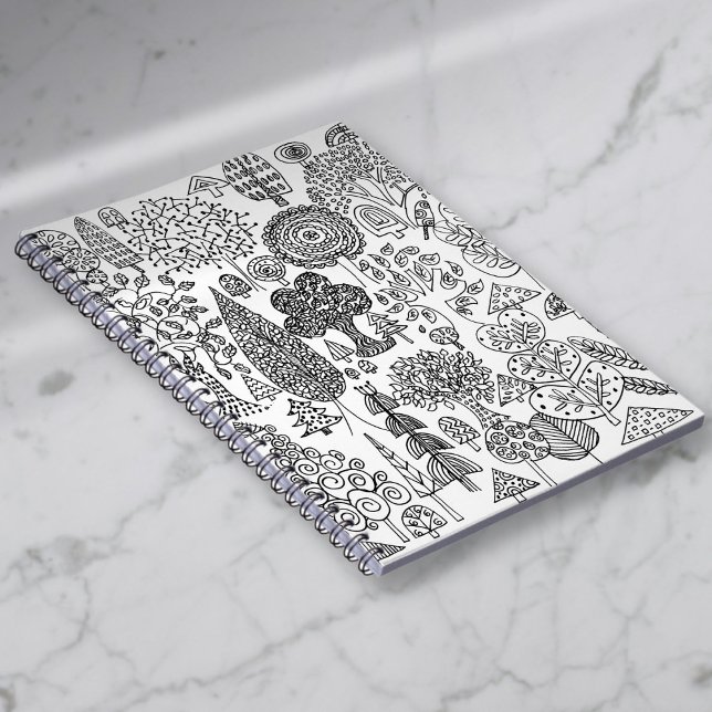Whimsical Svart och Vitt Dekorativa Träd Mönster Anteckningsbok (Whimsical Black and White Decorative Trees Pattern Notebook)