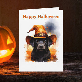 Whimsical svart valp orange häxa hatt Halloween Kort