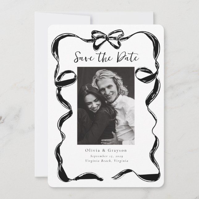Whimsical svart-vit fotobåge Save the Date Spara Datumet (Framsida)
