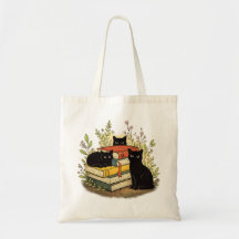 Whimsical Svarta Katter Staplade Böcker Blommig Ko