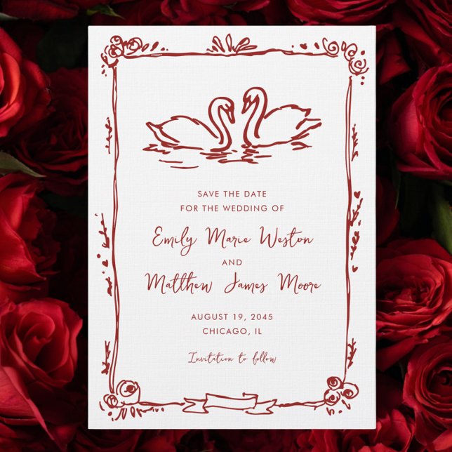 Whimsical Swans Doodle Love Birds Red Wedding Spara Datumet (Skapare uppladdad)