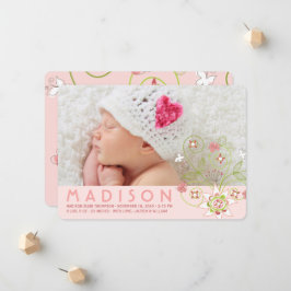 Whimsical Sweet Rosa Blooms Flicka Photo Birth Meddelande