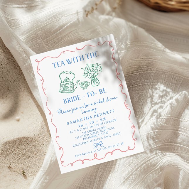 Whimsical Tea med kort Möhippa i flera Färg (Whimsical Tea Bridal Shower Invitation, Hand Drawn Three Colors, Tea With Bride To Be Bridal Shower,)