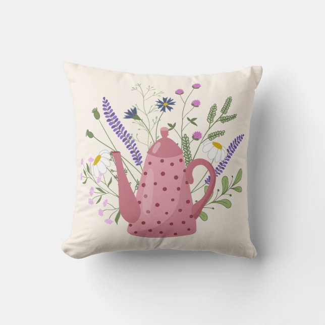 Whimsical Tea Time Doodle Throw Pillow Kudde (Framsida)