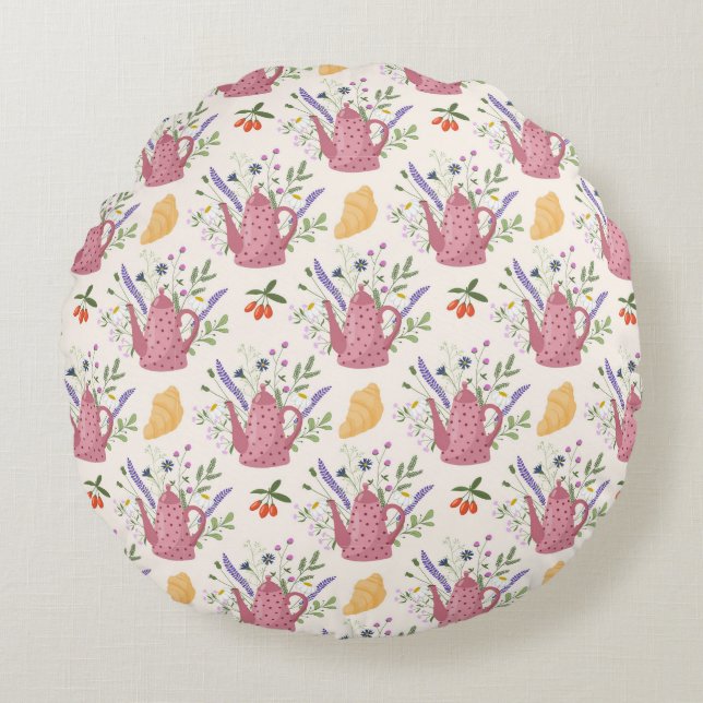 Whimsical Tea Time Doodle Throw Pillow Rund Kudde (Framsidan)