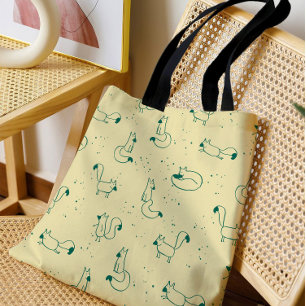 Whimsical Teal Klotterrävar på Smörgul Bakgrund Tygkasse