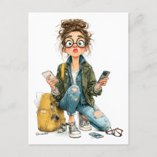 Whimsical Tech-Overload Girl Chaos Vykort