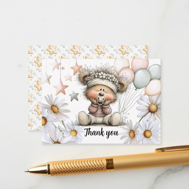 Whimsical Teddy Bear Baby Shower Tack Kort (Fram/Back In Situ)