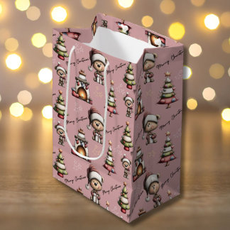 Whimsical Teddy Bear Christmas Pink Background