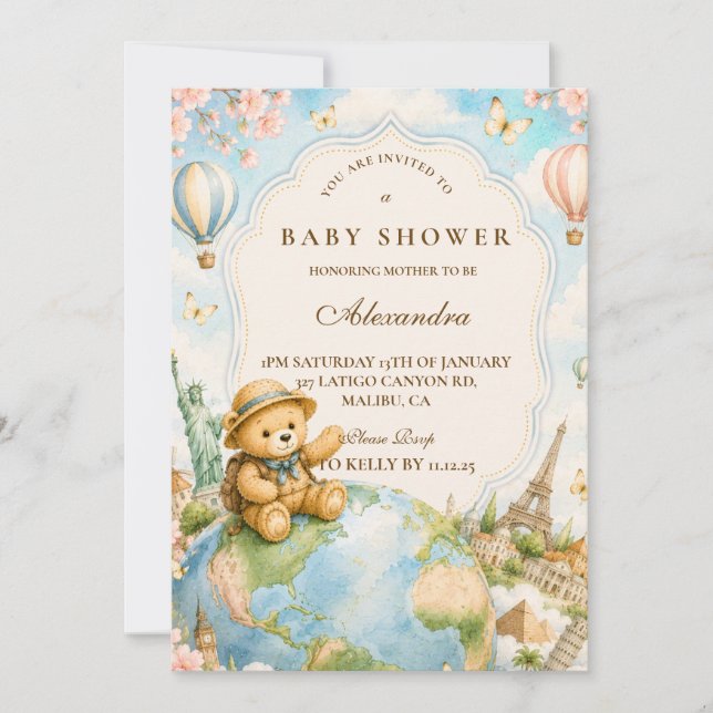 Whimsical Teddy Bear Resa Bebis Shower Inbjudningar (Framsida)