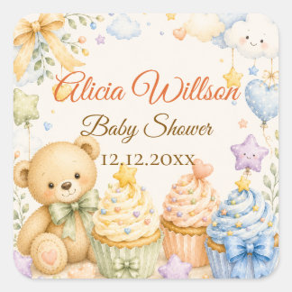 Whimsical Teddybjörn Bebis Shower Fyrkantigt Klistermärke