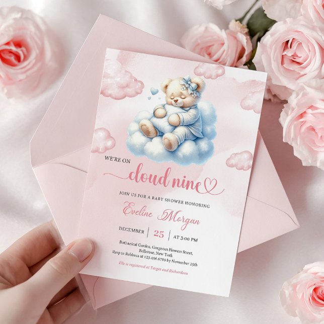 Whimsical Teddybjörn Bebisbad Invitation Molnet Ni Inbjudningar (Whimsical Teddy Bear Baby Shower Invite Cloud Nine)