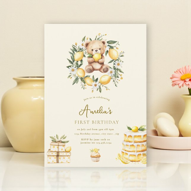 Whimsical Teddybjörn Citron Första födelsedag Inbjudningar (Skapare uppladdad)