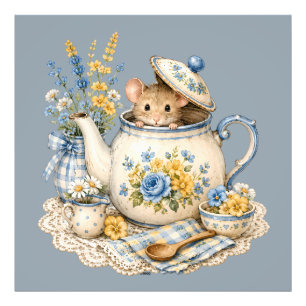 Whimsical Tekanna Mus Cottagecore Blommor Fototryck