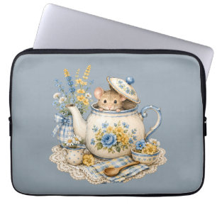 Whimsical Tekanna Mus Cottagecore Blommor Laptop Fodral